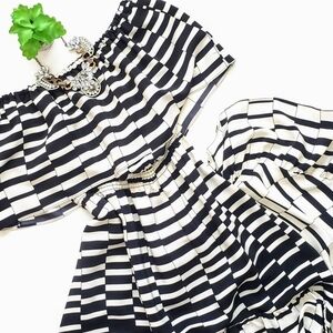 Parker Black White Striped Strapless Silk Ruffle Dress Size Large